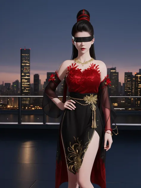 YJWJninghongyeYSHH, 1girl, blindfold, black hair, ponytail, long hair, solo,dress, bare legs, jewelry, necklace,standing,  <lora:YJWJninghongyeYSHH:0.75>,cityscape, night, hand on hip, mature female, red,