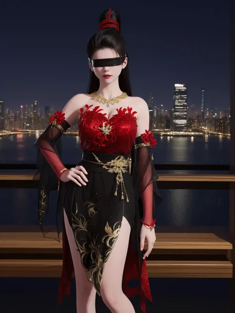 YJWJninghongyeYSHH, 1girl, blindfold, black hair, ponytail, long hair, solo,dress, bare legs, jewelry, necklace,standing, <lora:YJWJninghongyeYSHH:0.75>,cityscape, night, hand on hip, mature female, red,