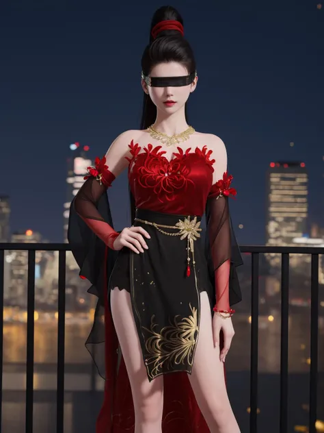 YJWJninghongyeYSHH, 1girl, blindfold, black hair, ponytail, long hair, solo,dress, bare legs, jewelry, necklace,standing, <lora:YJWJninghongyeYSHH:0.75>,cityscape, night, hand on hip, mature female, red,