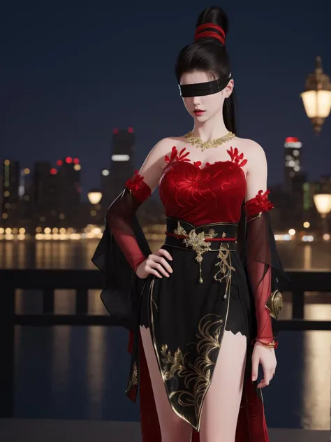YJWJninghongyeYSHH, 1girl, blindfold, black hair, ponytail, long hair, solo,dress, bare legs, jewelry, necklace,standing, <lora:YJWJninghongyeYSHH:0.75>,cityscape, night, hand on hip, mature female, red,