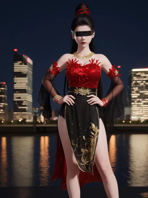 YJWJninghongyeYSHH, 1girl, blindfold, black hair, ponytail, long hair, solo,dress, bare legs, jewelry, necklace,standing, <lora:YJWJninghongyeYSHH:0.75>,cityscape, night, hand on hip, mature female, red,