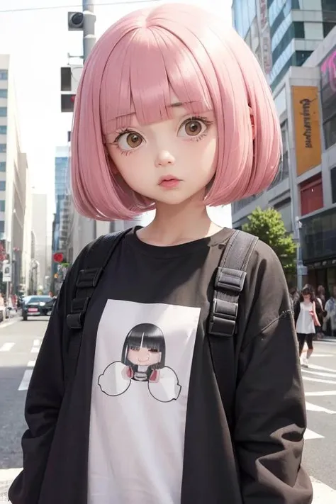 1girl, hckrgrl, pink hair, bob cut, blunt bangs, black eyes, white shirt, black shirt, long sleeves, city <lora:hackergirl:0.7>