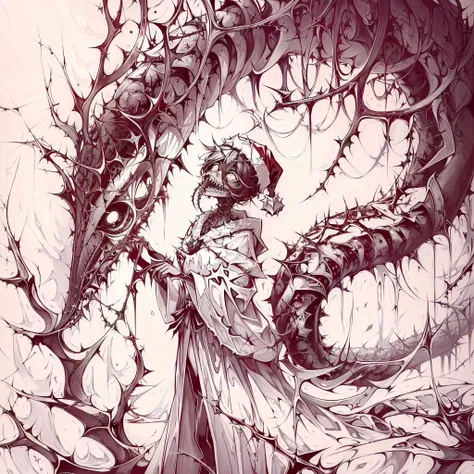 <lora:EvilLoRA:1> (crystalclear)(creature, christmas, open_mouth :1.4) (creepy, horror, scary:1.3), monochrome, manga, (thorns (carnivorous plant:1.2):1.2)