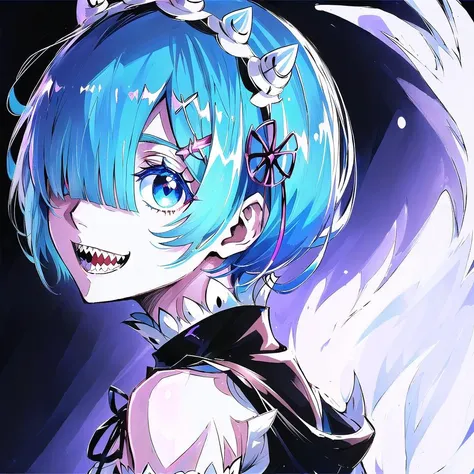 <lora:EvilLoRA:1> creepy, horror, scary, (rem_\(re:zero\):1.2), short_hair, blue_hair, hair_over_one_eye, (glowing_eyes:1.18), nice_smile, sharp_teeth, (from_side:0.95)