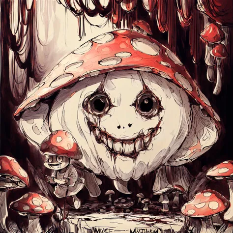 (mushroom-head-creature:1.4) running, <lora:EvilLoRA:1> (nice_smile, creepy, horror, scary:1.5)