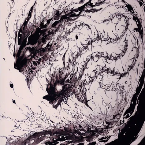 (tulip-bubbulus-head-creature:1.4) running, <lora:EvilLoRA:1> (nice_smile, creepy, horror, scary:1.5), monochrome, manga