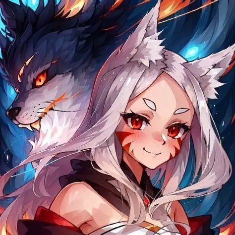 <lora:EvilLoRA:1>, nice_smile, creepy, horror, scary, (glowing_eyes:1.2), <lora:ShiroLoRA (Senko-san)-AnyV3-V2:1> 1girl, shiro, shirokitsune, animal_ears, red_eyes, whisker_markings, facial_mark, animestyle, digipaint