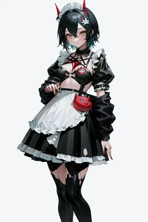 mayhem maid-hairstyle, outfit-mayhem maid, 1girl,milf, red horns, solo, black hair, yellow eyes, maid headdress, short hair, looking at viewer, x hair ornament, red nails, standing, nail polish, hair between eyes
closed_mouth,legwear,waving,
from,
masterpiece, best_quality, clear details,1girl, 
white_background,simple_background <lora:OUTFIT-hutten_mayhem_maid-000008:1> <lora:style1-r:0.5>