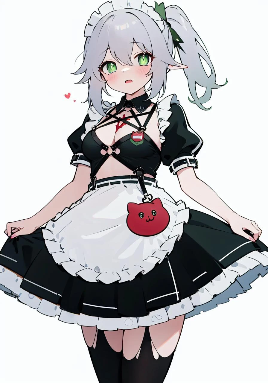 outfit-mayhem maid,maid headdress, 1girl, grey hair, green eyes,solo,side ponytail,milf, blush, looking at viewer, open mouth, bangs,
closed_mouth,legwear,
from,
masterpiece, best_quality, clear details,1girl, cowboy_shot,
white_background,simple_background <lora:OUTFIT-hutten_mayhem_maid:1> <lora:char-nahida:1>