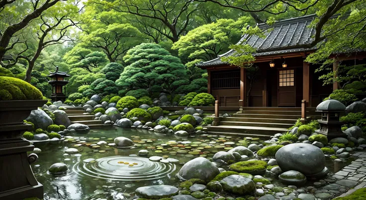 An enchanting Japanese Zen Garden comes to life before your eyes. Raked gravel paths wind through perfectly manicured moss and stone gardens, leading to tranquil water features where koi fish glide lazily beneath delicate bridges. Stone lanterns cast flickering shadows across the carefully arranged rocks and plants, creating a peaceful atmosphere that invites contemplation and reflection. The sound of trickling water mixes with the distant hum of the city, adding depth and texture to the otherwise silent space. This serene oasis offers respite from the chaos of modern living, allowing visitors to find solace amidst the ordered beauty of nature.