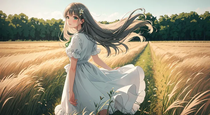 "A young girl stands confidently amidst a field of tall grasses swaying gently in the breeze. She wears a simple white dress adorned with delicate floral patterns, tied up at the waist with a ribbon belt. Her long hair cascades down her back in loose curls, framing her heart-shaped face. Her eyes sparkle with curiosity and intelligence, hinting at hidden depths beneath her innocent exterior. With small steps, she navigates through the waving sea of green, leaving behind her a trail of footprints imprinted onto the soft soil."
BREAK joy, closed mouth