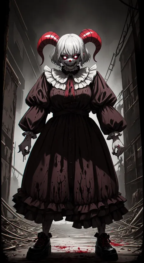 An evil clown stands before you, its painted smile twisted into a grotesque sneer. Blood drips from its razor-sharp teeth and stains its ruffled collar, adding to the already macabre atmosphere. Its oversized shoes are caked with mud and grime, evidence of its travels through dark alleys and abandoned carnival grounds. Its hands are clenched into fists, ready to strike at any moment. Its eyes gleam with malevolent intent, promising terror and pain to those who dare to cross its path.
