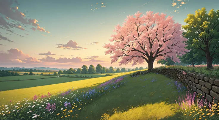 An idyllic scene unfolds before your eyes. A towering oak tree stands proudly amidst a golden meadow, its leaves rustling gently in the cool evening breeze. The sky overhead is painted with hues of orange and pink, casting long shadows across the grass. To the side of the tree lies a small, mossy crumbling stone wall, weathered by time and neglect. Despite its age, however, the wall remains sturdy and provides a perfect perch for a few late blooming wildflowers. The overall effect is one of peace and tranquility, inviting the viewer to pause and take in the beauty of the moment.