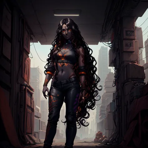 absurdres, (masterpiece:1.4), great composition, (full_body:1.2), (portrait), 1woman, solo, (dark_skin:1.8), (Indian:1.4), (mature:1.4), (futuristic:1.1), (cyberpunk:1.4), ((long black wavy hair:1.4)), brown eyes, futuristic:1.2, finely detailed, breathtaking, cinematic lighting, daytime, dynamic lighting, simple background, depth of field, CG, black leather jacket, dark pants, (henna tattoos on hands:1.4), multicolored eyes, <lora:GoodHands-beta2:1.6>, casual clothes, <lora:eyesgen:0.4>, intricate iris, outdoor, <lora:add_detail:0.6>