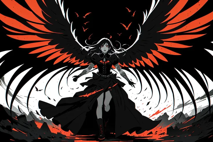 An image of a person breaking free from chains, emerging from a dark castle or prison cell and spreading their wings as if taking flight. They hold a sword in one hand, symbolizing strength and determination. Behind them, a fiery background represents passion and drive. The colors black, red, and gold can be incorporated to represent power, courage, and loyalty. The overall theme should convey triumph over adversity and the pursuit of freedom. official art, character concept art, epic
<lora:add_detail:-1> BREAK inspired by Hideshi Hino, lineart