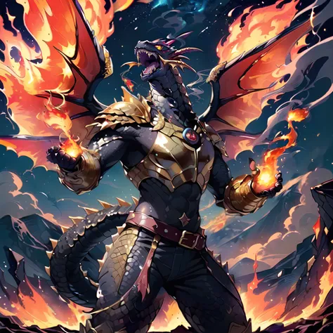 (scaly species:1.4), massive wings on fire smoke, golden belt, blue scales upper body, male dragon wearing (blue leather armor with gold details:1.8), lizard animal, (dragon blue scale tail), anthro, standing, (black and red scales:1.2), (dragon face:1.2), long snout, big fangs, golden sky, (hands hold fireball:1.2),
(volcano erupt, lava, sky gold color, red stars, smoke:1.2)
best quality, masterpiece, fantasy world, HDR,
(cowboy shot, screaming, shouting, power pose, upper fangs, under fangs:1.4)