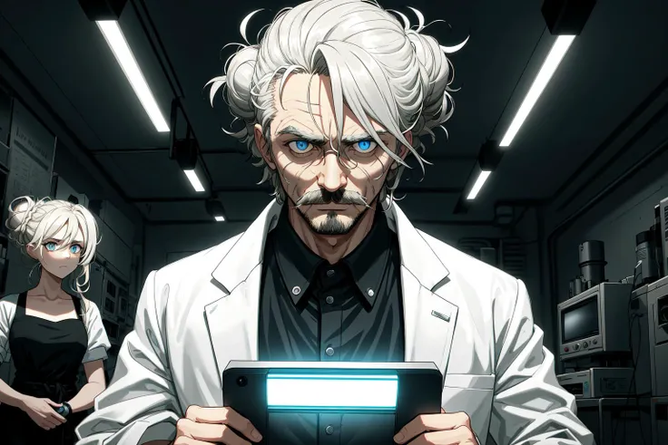 A mad scientist stands before his latest creation - a curvaceous young woman who looks more than a little confused about her current predicament. She has long blonde hair tied up in a messy bun, and wears a white lab coat over a black dress. Her eyes dart nervously between the scientist and the various machines and gadgets surrounding her. The scientist himself is wild-eyed and disheveled, with unkempt gray hair and a thick mustache. He gestures excitedly towards some sort of device he's holding, clearly eager to demonstrate its capabilities. The room is dimly lit, with flickering fluorescent lights casting eerie shadows across the walls.