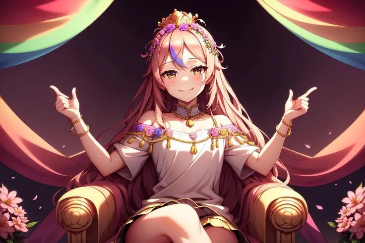 An illustration of a confident-looking person wearing a crown made of flowers, sitting on a throne adorned with rainbow flags. They have a smug grin on their face as they hold up a trophy with their dominant hand, while flipping off the camera with their other hand. Behind them, there is a backdrop of a majestic mountain range, implying that they rule over a powerful kingdom. The overall tone is playful and flirty, with a touch of arrogance.