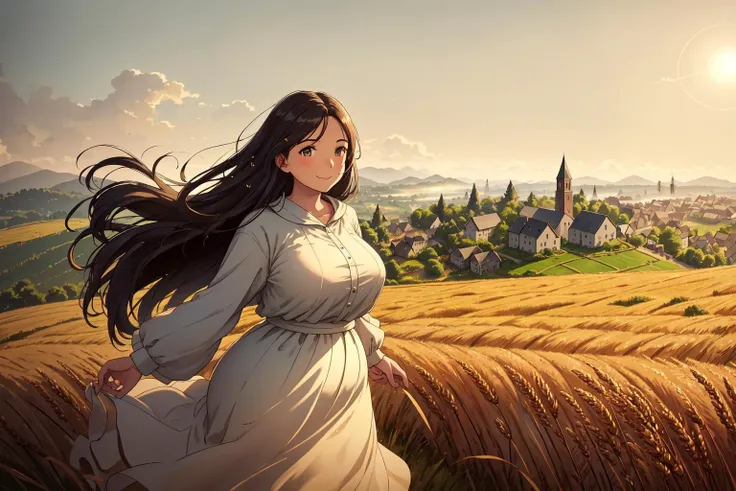 In a golden field, tall stalks sway gently in the breeze, their heavy heads weighed down by plump grains of wheat. The sun shines brightly overhead, casting long shadows across the rolling hills and dappled landscape. In the distance, a small village can be seen nestled among the fields, smoke rising lazily from its chimneys. As if emerging from the very soil itself, a figure appears - a robust, curvaceous woman whose ample curves overflow her clothing. She stands confidently amidst the golden sea, her dark hair blowing freely behind her. With a contented smile, she reaches up to gather some of the ripe wheat, holding it close to her bosom before turning to walk back towards the village.