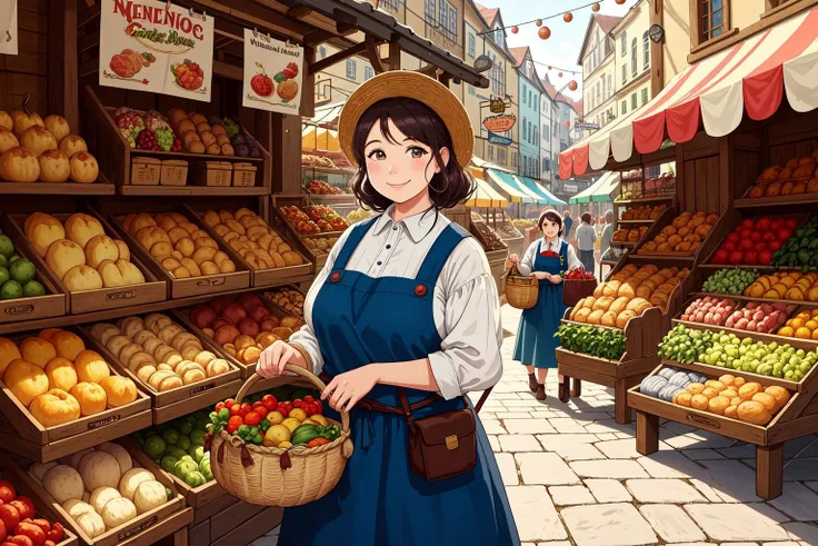 An illustration showing a bustling medieval marketplace filled with people going about their daily business. Amidst the hustle and bustle stands a stout, middle-aged woman with a round, jolly face and ample curves underneath her apron. She wears a broad smile and carries a basket overflowing with fresh produce, including ripe fruits, vegetables, and loaves of bread. The background is filled with vibrant colors and details, showcasing various vendors selling goods ranging from meat skewers to pottery. The overall atmosphere is cheerful and inviting, with the warm glow of sunlight casting long shadows across the cobblestone streets.