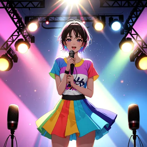 young person holding a microphone, standing confidently against a vibrant background of colors and patterns. They appear to be singing or performing, with a bright light shining behind them.