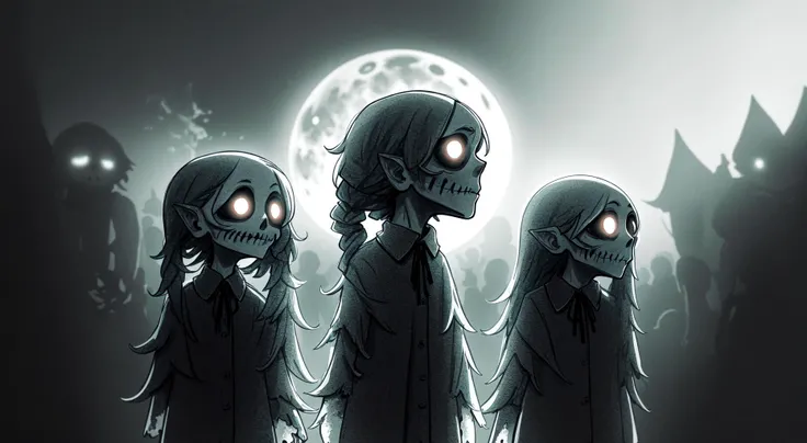 An eerie nighttime scene unfolds under a full moonlit sky. At the center of the illustration stand a group of undead creatures known as "The Dancing Dead." They wear tattered clothing reminiscent of olden times and move in unison, swaying their bodies back and forth as if caught in some kind of trance. Their faces showcase empty expressions devoid of emotion. In the background, ghostly apparitions emerge from between the shadows, watching the spectacle unfold. The overall atmosphere remains dark and ominous, punctuated by the silvery light cast by the moon. BREAK cute chibi undead