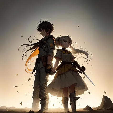 An illustration of two characters standing together in a barren wasteland, facing each other with determined expressions on their faces. Behind them, a bright star shines in the sky, casting light onto their faces. One character is holding a sword, signifying readiness for battle, while the other has their arm wrapped around the first, symbolizing unity and support. The background is filled with swirling dust and debris, indicating the struggle and conflict taking place. The colors used are muted browns and grays, contrasted against the vibrant yellow of the star, emphasizing the determination and strength of the duo.`