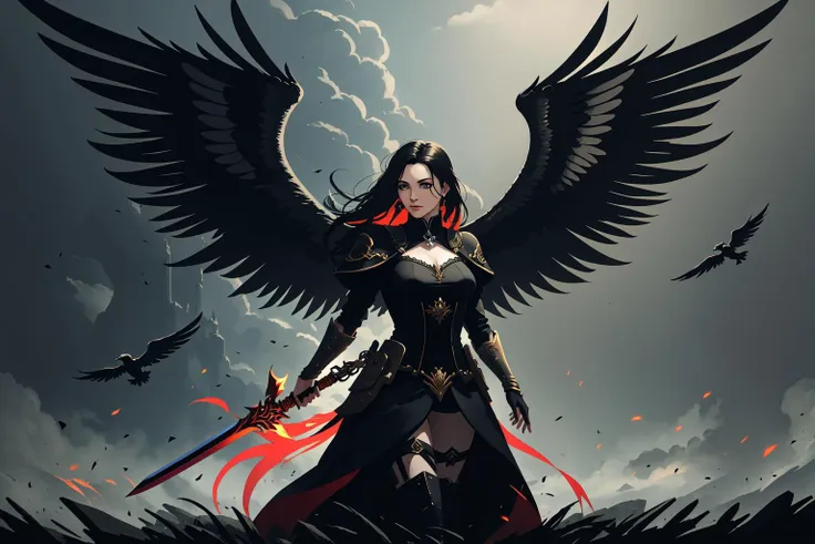 An image of a person breaking free from chains, emerging from a dark castle or prison cell and spreading their wings as if taking flight. They hold a sword in one hand, symbolizing strength and determination. Behind them, a fiery background represents passion and drive. The colors black, red, and gold can be incorporated to represent power, courage, and loyalty. The overall theme should convey triumph over adversity and the pursuit of freedom. official art, character concept art, epic
<lora:add_detail:-1> BREAK inspired by todd mcfarlane, lineart