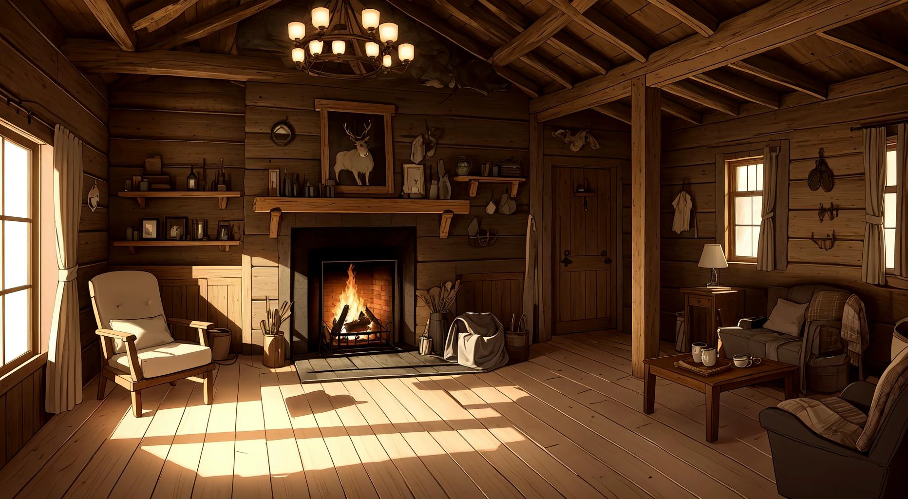 cabin interior, complete with wooden walls adorned with various hunting trophies, antlers, and animal hides. A large stone fireplace dominates one wall, casting flickering shadows across the room as flames dance within. A bearskin rug covers part of the dirt floor, adding texture and depth to the scene. The furniture consists of a sturdy wooden table and benches, along with a few comfortable armchairs upholstered in thick fabric. BREAK rustic, dusty, well aged, volumetric lighting, cluttered