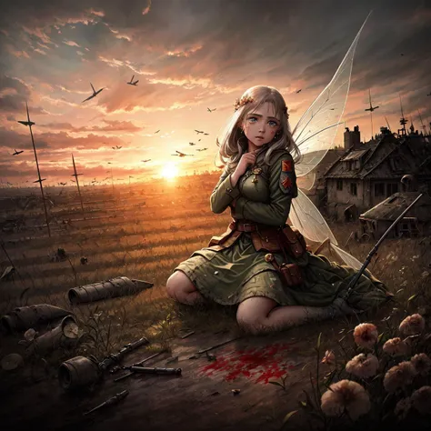 As the (fairy :1.3) flies
Through the (battlefield :1.3) below
Horrors unfold,
Blood stains the ground,
Cries of grief fill the air,
Madness and destruction
(war:1.1)
(sunset:1.1)
Sorrow in her heart,
As she witnesses the scene,
(The horror of war,:1.1), 
(world war 2:1.2), (1945:1.2), agony, panic
(best quality:1.3), (highres:1), (detailed:1.3), (incredible:1.3), (perfect:1.3), (perfection:1.3), (illustration:1.2), medium shot, floating, tears