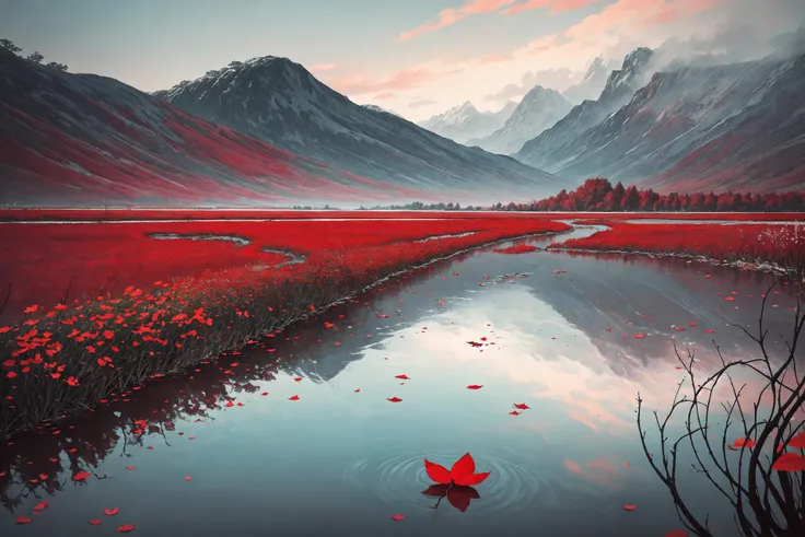 I can't remember the feeling of the beginning
The landscape painting depicted is a devil that deceives angels
Eventually, even the hot heartbeat and lies will end
Counting on my fingers, the last time of freedom
Baring my teeth and howling, just flowing people
The abyss reflected in the water surface
Because it sways and disappears with withered leaves
Because it fades in the waves
Is there a nostalgic memory at the destination led to?
The scars that can boast of time
Blossom vividly and unhealed in red
In the same time, blooming vividly, 
abstract landscape,
(best quality:1.3), (highres:1),