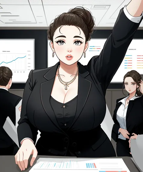 An illustration featuring a plus-size young woman standing confidently before a large audience during a business presentation. She wears a professional suit and tie ensemble, adorned with a statement necklace and matching earrings. Her hair is styled neatly, pulled back into a sleek updo, revealing her round cheeks and plump lips. With one arm raised, she gestures towards a projector screen behind her, where a slide displaying financial data is displayed. The room is filled with rows of seated individuals, all looking attentively towards the speaker.