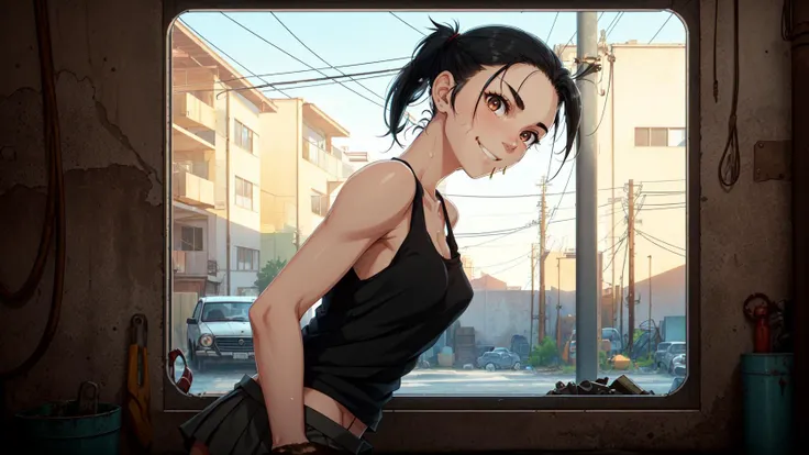 girl with black hair, ponytail, lopsided grin, tomboy, detailed hair, (thick eyebrows:0.5), (angular features:0.3), skinny, loose hair, raised eyebrow, short skirt, tank top, (wiping face), backless outfit, loose clothes, (pov), small breasts, dirty, hot, summer, (muscular:0.5), looking back
BREAK
(holding a wrench, mechanic, suspended car, axel, work gloves, wrench), cement, basement, power lines, doorway, indoors, wide shot, fluorescent lighting, large windows, reflection, (detailed), artwork, gritty,