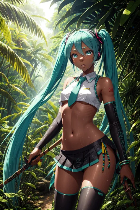 hatsune miku, (dark skin:1.2), (tribal outfit:1.2), 1girl, tomboy, holding weapon, spear, sneaking, rainforest, path, village, scenery, small breasts, hot, sweat, detailed skin, realistic, 8k, hdr, detailed hair, vocaloid3 <lora:hatsunemiku1:0.6>
