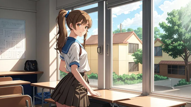 a girl with light brown hair, side ponytail, lopsided grin, tomboy, detailed hair, (thick eyebrows:0.5), (angular features:0.3), sharp eyes, skinny, looking back, loose hair, shoulder bag, raised eyebrow, (skirt:1.3)
BREAK
cinematic, realistic, flat color, best shading, dappled sunlight, school, classroom, desks in background, chalkboard, doorway, indoors, anime screencap, wide shot, large windows, reflection