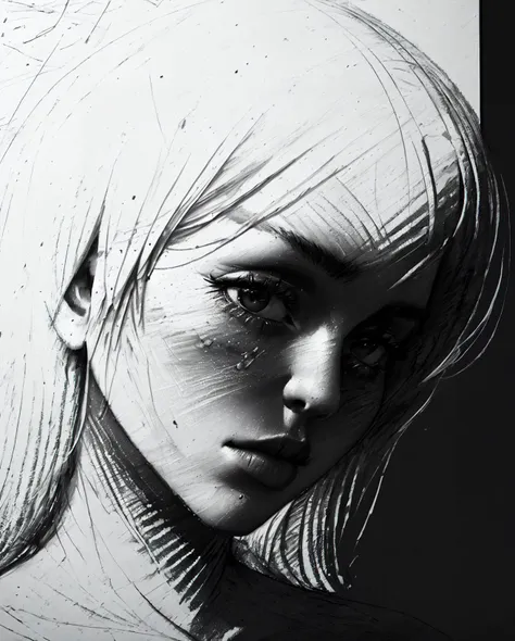 (sketch:1.3), (charcoal), black and white, greyscale, detailed, (white), (high contrast:1.3)
BREAK
1girl, face, realistic indistinct sketch of a girl leaning forward, harsh scribbled drawing on white paper, close-up, beautiful, harsh lighting, shadow, (outline):1.5
AND
white chalk scribbles against a (black_background), (scratches), (black:1.2), (white:1.5), high contrast, cinematic