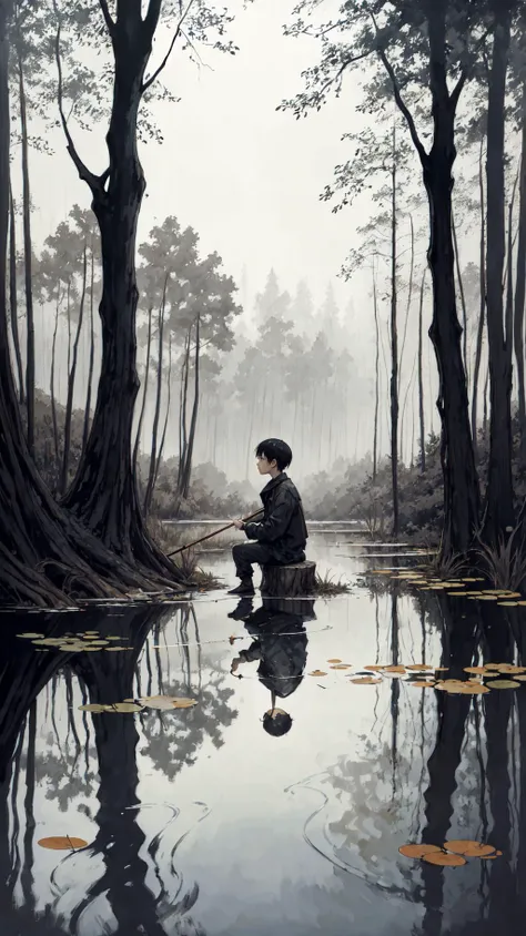 young boy sitting at the edge of a pond, still waters, holding a stick into the water, ominous forest in the background, desaturated, trees filled with mist, muddy grass at the edge, illustration, leyendecker, nicola samori, christophe young