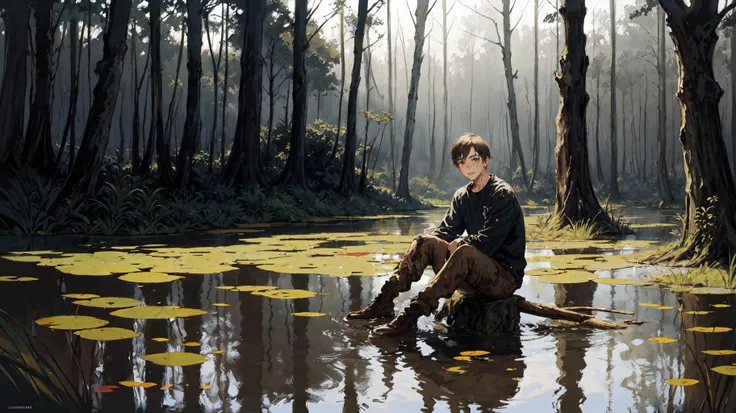 teen boy sitting at the edge of a pond, still waters, holding a stick into the water, ominous forest in the background, lanky, desaturated, trees filled with mist, muddy grass at the edge, illustration, leyendecker, nicola samori, christophe young