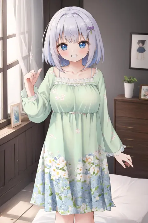 <lora:moralgear3-10:0.6>, 1girl, medium breasts, grin, indoors, bedroom, <lora:floralng-10:0.6>, floral nightgown
