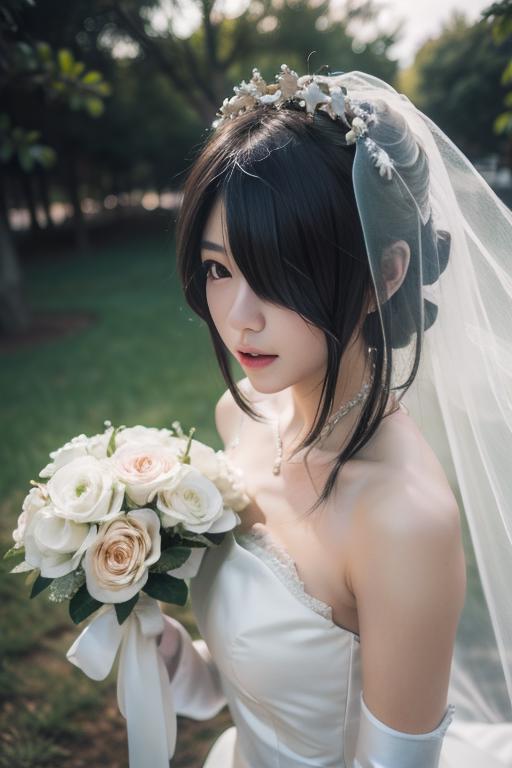 A close up of a woman in a wedding dress holding a bouquet - SeaArt AI