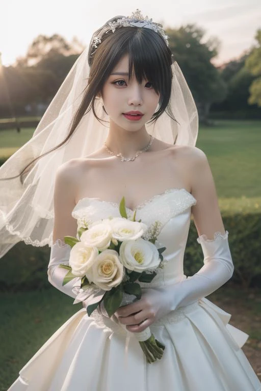 ((sfw: 1.4)), ((detailed face, cute face,brown eye)), ((professional photography)), ((wedding dress,  smile, 1 Girl)), Ultra High Resolution, (Realistic: 1.4), RAW Photo, Best Quality, (Photorealistic Stick), Focus, Soft Light, (()), ((Japanese)), (( (young face))), (surface), (depth of field), masterpiece, (realistic), woman, bangs, ((1 girl))