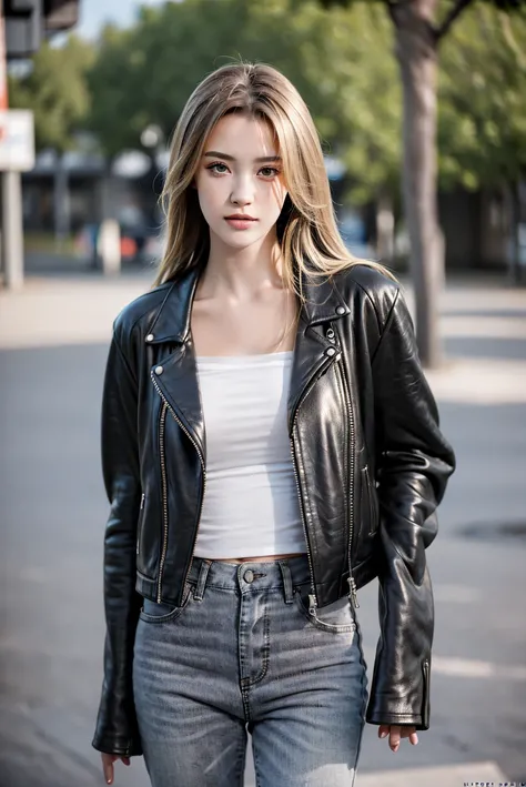 a 20 yo woman, dark theme, soothing tones, muted colors, leather jacket, jeans, high contrast, (natural skin texture, hyperrealism, soft light, sharp) upper body, in park, <lora:ChloeRose-01:1>
