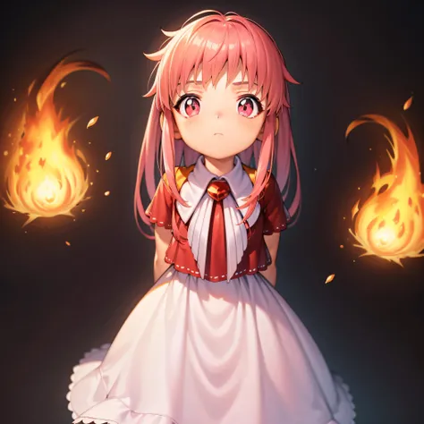 ((masterpiece, best quality)), 1girl,solo, child, tia, cowboy shot, long hair,pink eyes,pink hair, dress, <lora:Tia_ZatchBell_2-0606:0.6>, destroyed background, fire, arms behind back,
