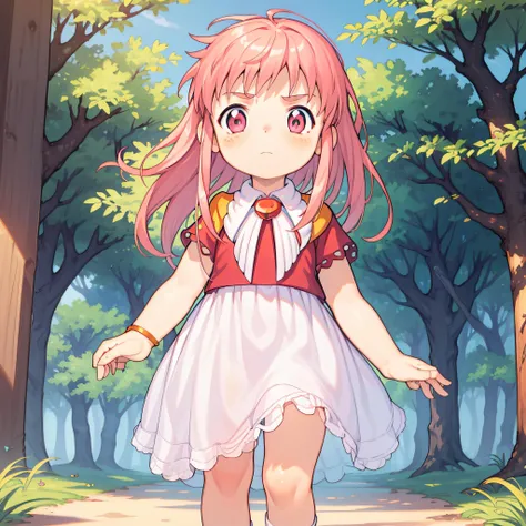 ((masterpiece, best quality)), 1girl,solo, child, tia, cowboy shot, long hair,pink eyes,pink hair, dress, <lora:Tia_ZatchBell_2-0606:0.6>, walking, forest