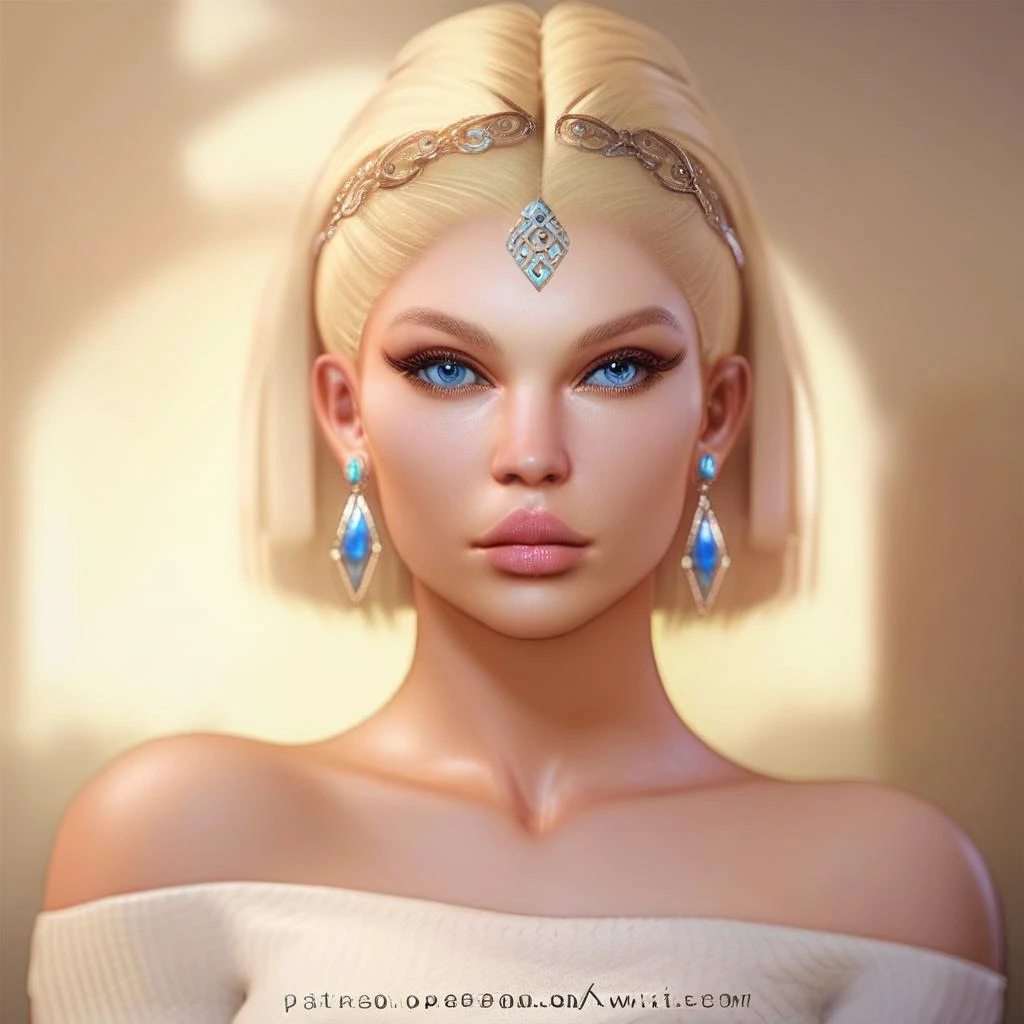 vpzdxizz, 1girl, solo, jewelry, earrings, realistic, blue eyes, lips, looking at viewer, bare shoulders, collarbone, web address, blonde hair, blurry, portrait, score_9, score_8_up, score_7_up, score_6_up, score_5_up, score_4_up