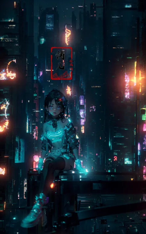 blurry, blurry_background, blurry_foreground, depth_of_field, motion_blur,
1girl, cyberpunk, solo, science fiction, city, neon lights, sitting, night, building, strapless, breasts, hologram, skyscraper, boots, long hair, cityscape, thighhighs, sky, black hair, scenery, white footwear(upper body:1.2)
(glow, light pollution:1.3)(solo focus:1.7)  <lora:~Q?-[SZW^W:fo science cyber:0.8>