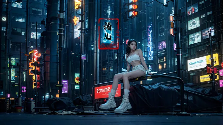 blurry, blurry_background, blurry_foreground, depth_of_field, motion_blur,
1girl, cyberpunk, solo, science fiction, city, neon lights, sitting, night, building, strapless, breasts, hologram, skyscraper, boots, long hair, cityscape, thighhighs, sky, black hair, scenery, white footwear 
(glow, light pollution:1.5)(solo focus:1.7)
<lora:science cyber_20231207100647:0.8>