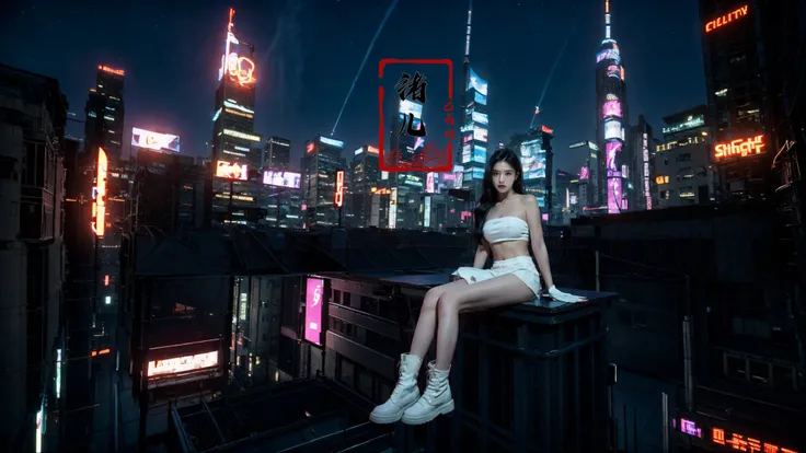1girl, cyberpunk, solo, science fiction, city, neon lights, sitting, night, building, strapless, breasts, hologram, skyscraper, boots, long hair, cityscape, thighhighs, sky, black hair, scenery, white footwear<lora:~Q?-[SZW^W:fo science cyber:0.8>
