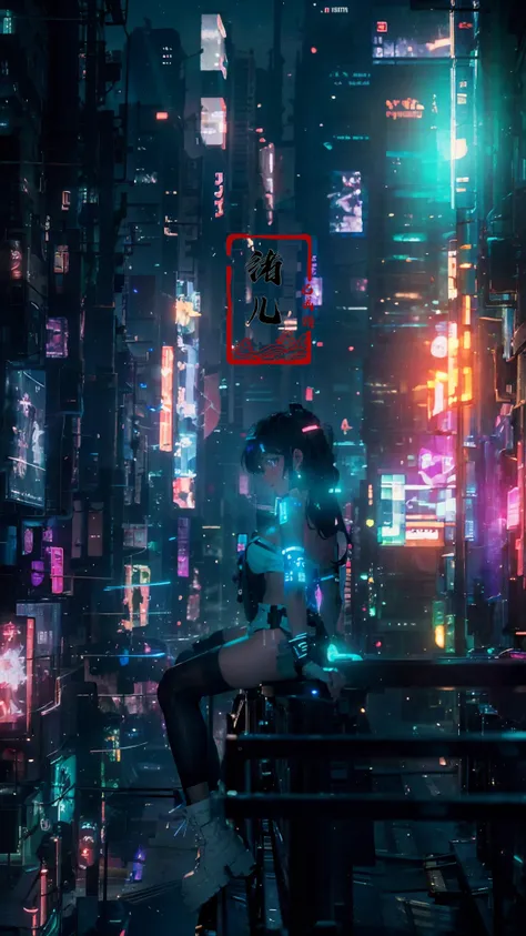 blurry, blurry_background, blurry_foreground, depth_of_field, motion_blur,
1girl, cyberpunk, solo, science fiction, city, neon lights, sitting, night, building, strapless, breasts, hologram, skyscraper, boots, long hair, cityscape, thighhighs, sky, black hair, scenery, white footwearupper body
(glow, light pollution:1.5)(solo focus:1.7)  <lora:~Q?-[SZW^W:fo science cyber:0.8>