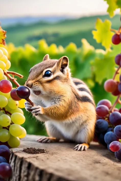 RAW photo, delicate, best quality,hyper detail, finely detailed, 8k, 32k, masterpiece,(UHD:1.2),a chipmunt in the Sprawling vineyard with neatly arranged grapevines and a tasting room,Cutting food,<lora:dw13xlclipmunt-v1-000009:0.6> ,rim lighting